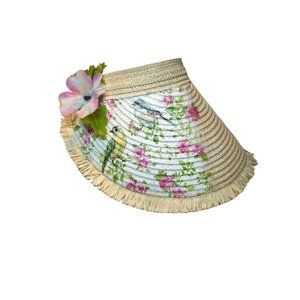 Women’s Summer Straw Visor Birds Flowers Adjustable One Of A Kind Hand Decorated